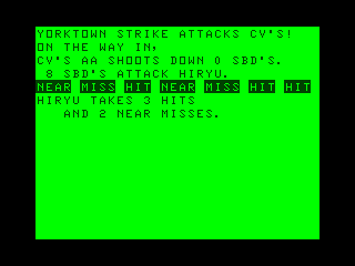 Midway Campaign (TRS-80 CoCo) screenshot: Yorktown final attack finishing off the last Japanese carriers