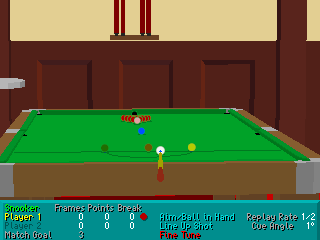 Virtual Snooker (DOS) screenshot: Playing the game<br>Though the game can be played via the keyboard this game is being played with a mouse. The view of the table changes as the mouse is moved