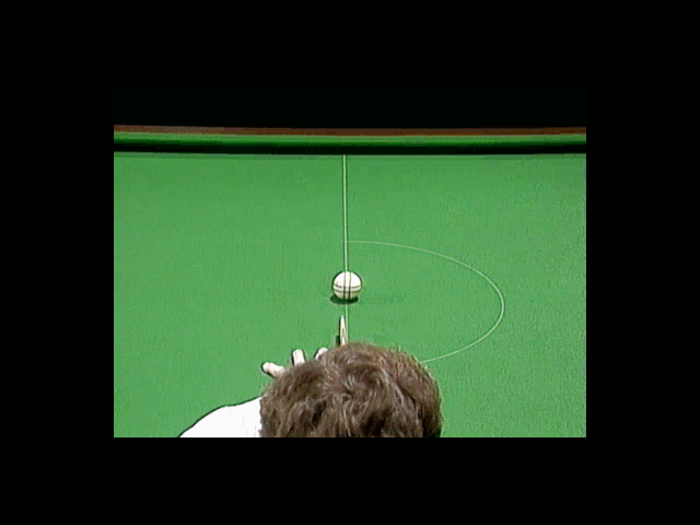 Virtual Snooker (DOS) screenshot: One of the main menu options is 'Snooker Techniques' which is a series of videos designed to explain the real world game<br>Here Steve Davis is explaining Spin, note the marked ball