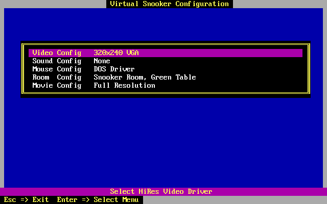 Virtual Snooker (DOS) screenshot: The first time the program is run after installation it takes the player through the game configuration options<br>This can also be accessed from within the game