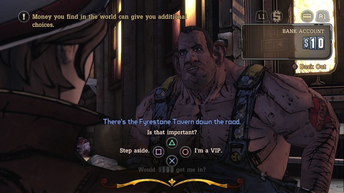 Tales from the Borderlands: Episode 1 - Zer0 Sum (PlayStation 4) screenshot: Trying to talk your way in past the bouncer