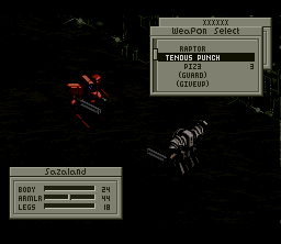 Front Mission (SNES) screenshot: Choosing a weapon during VR battle