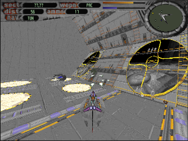 Terminal Velocity (DOS) screenshot: Inside Moon Dagger hangar