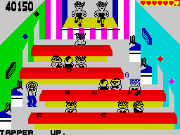 Tapper (ZX Spectrum) screenshot: One empty mug just fell off the bar counter