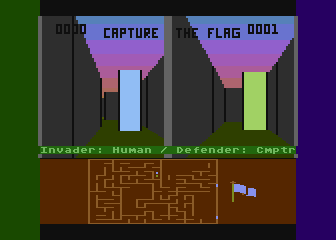Capture the Flag (Atari 8-bit) screenshot: The invader (green) is cornered by the defender (blue)