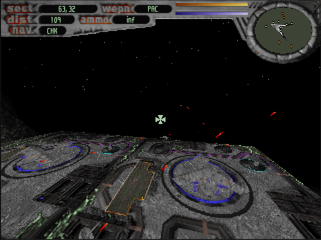 Terminal Velocity (DOS) screenshot: Mining planet. Destroy transport ships before they take off later.