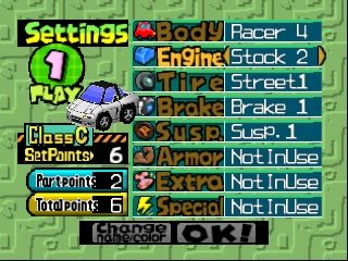 Penny Racers (Nintendo 64) screenshot: Changing parts screen