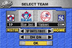 Baseball Advance (Game Boy Advance) screenshot: Choose your matchup, and set up a few game options.