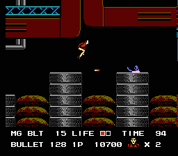 Rolling Thunder (NES) screenshot: Agent Albatross can't shoot while jumping or change the direction mid-air, so most likely he's jumping to his doom in this screenshot