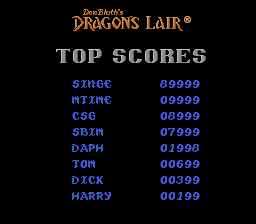 Dragon's Lair (NES) screenshot: Top Scores screen.