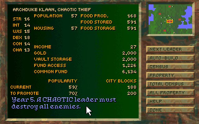 Stronghold (DOS) screenshot: Part RPG, part city-management. Stronghold not only keeps tabs on you, but also how well your city is flourishing under your rulership.