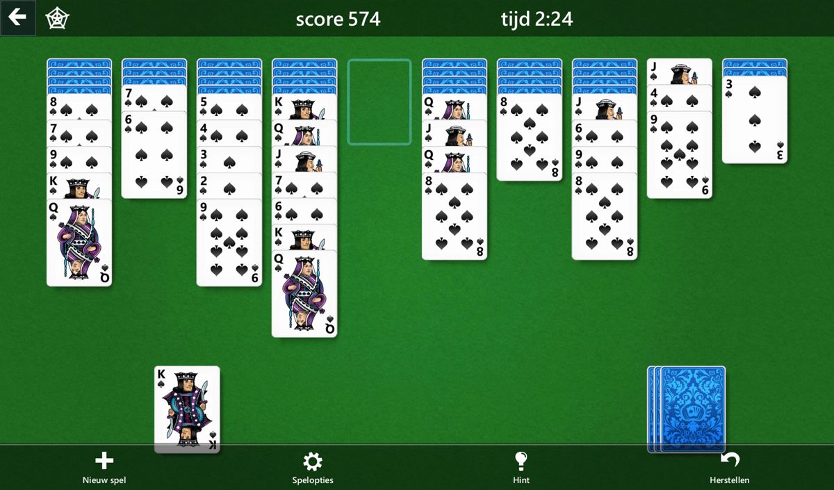 Microsoft Solitaire Collection (Android) screenshot: A game of Spider (Dutch version)