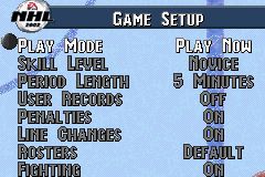 NHL 2002 (Game Boy Advance) screenshot: The main menu, where you can set difficulty, game rules, and other options.