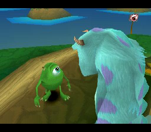 Disney•Pixar's Monsters, Inc.: Scare Island (PlayStation) screenshot: The first cutscene, showing Mike and Sully on their way to monster training.