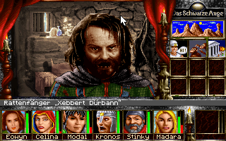 Realms of Arkania III: Shadows over Riva (DOS) screenshot: Xebbert Dürbann, the ratcatcher. A charming fellow