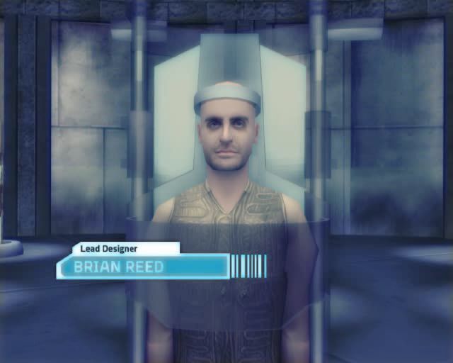 Minority Report: Everybody Runs (PlayStation 2) screenshot: The games credits show many developer as inmates of the future crime prison with the exception producer who runs the establishment