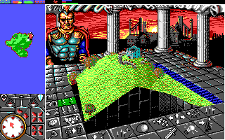 PowerMonger (DOS) screenshot: Starting off on an island (EGA)