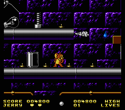 Tom & Jerry (NES) screenshot: Watch out for the sharp tacks and the steam from the pipes