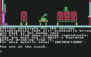 The Witch's Cauldron (Commodore 64) screenshot: Starting on a couch