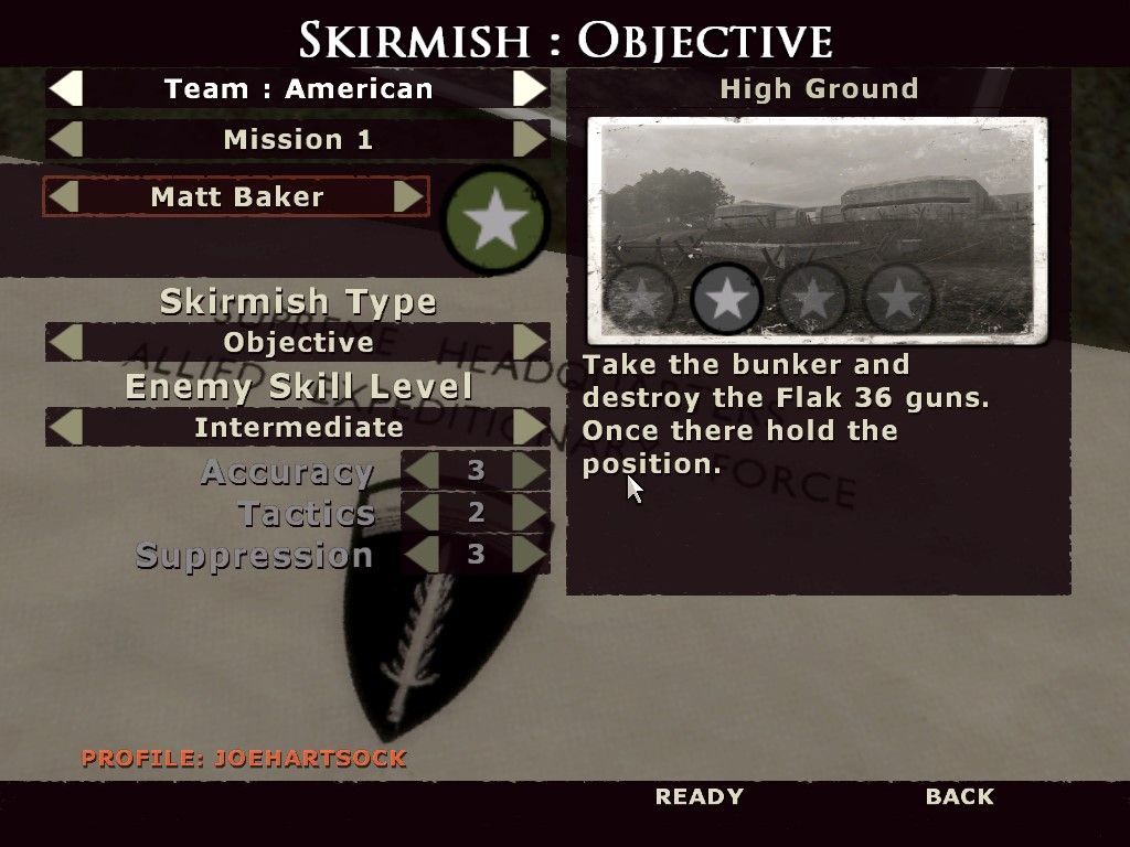 Brothers in Arms: Earned in Blood (Windows) screenshot: Skirmish menu. You can play a skirmish either online or with bots.