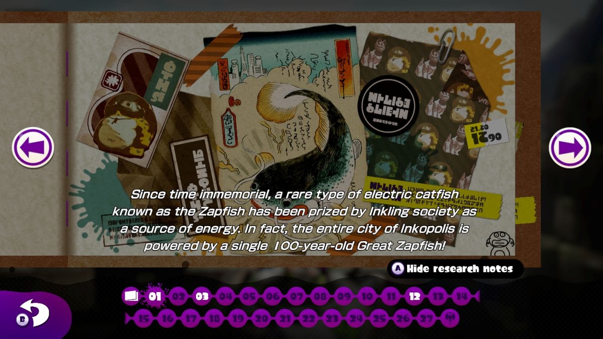 Splatoon (Wii U) screenshot: Scrolls hidden throughout the single-player campaign provide information on the world of <i>Splatoon</i>.
