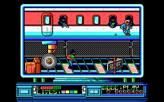 Rescate en el Golfo (DOS) screenshot: Using the jump pads to punch out the terrorists in the windows. (EGA)