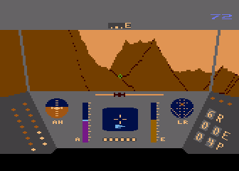 Rescue on Fractalus! (Atari 8-bit) screenshot: The Green target shows where a pilot crashed