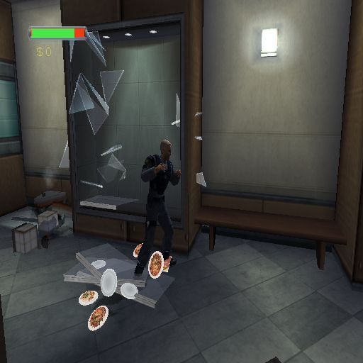 Minority Report: Everybody Runs (PlayStation 2) screenshot: The environment contains lots of stuff to shatter. This was a food display - shame we can't use the pizzas as a health power up