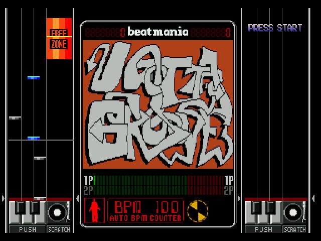 beatmania (PlayStation) screenshot: Hit the notes just as they fall down on the piano keys or the turntable to make the meter at the bottom crank way up. As you can see, some practice is needed in this case to even make it move.