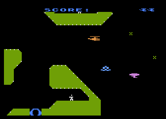 Chopper Rescue (Atari 8-bit) screenshot: Mobile drones are patrolling their sector