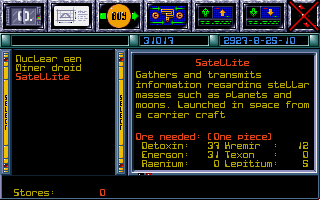 Reunion (DOS) screenshot: Info-Buy screen - information about satellite