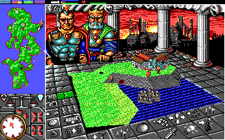 PowerMonger (DOS) screenshot: Coming to attack a town with boats (EGA)