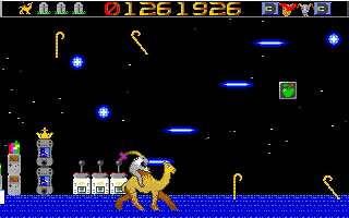 Revenge of the Mutant Camels (DOS) screenshot: You can't see it, but these canes exclaim "ouch!" loudly when shot.