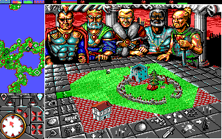 PowerMonger (DOS) screenshot: Camping around a tower (EGA)