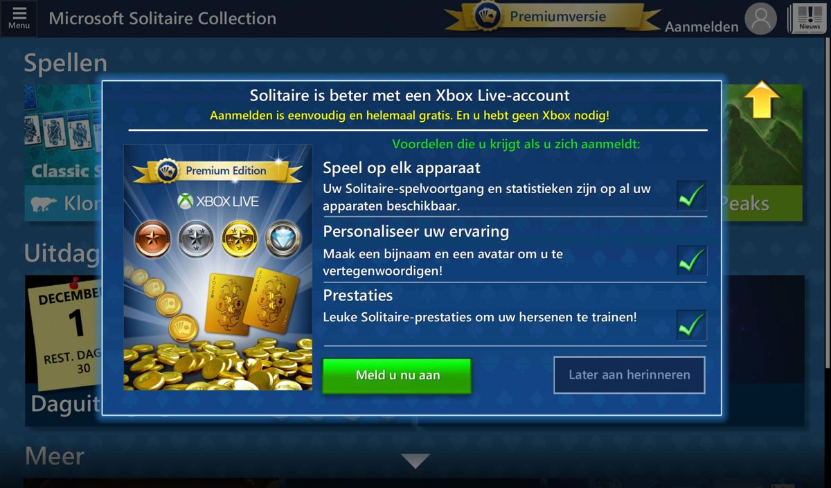 Microsoft Solitaire Collection (Android) screenshot: It is possible to log in using an Xbox Live account (Dutch version).