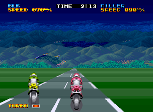 Riding Hero (Neo Geo) screenshot: Racing against your opponent (Story mode)