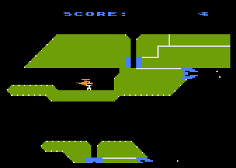 Chopper Rescue (Atari 8-bit) screenshot: Picking up another captive