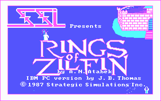 Rings of Zilfin (DOS) screenshot: Title screen, with a funny animation of a bat turning to a wizard zapping guys.