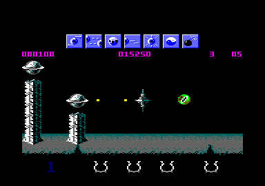 Wizball (Amstrad CPC) screenshot: Firing my weapons