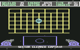Sentinel (Commodore 64) screenshot: Sector was cleared. Prepare for next sector.