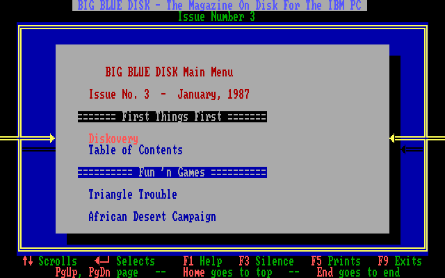 Big Blue Disk #3 (DOS) screenshot: The top of the menu