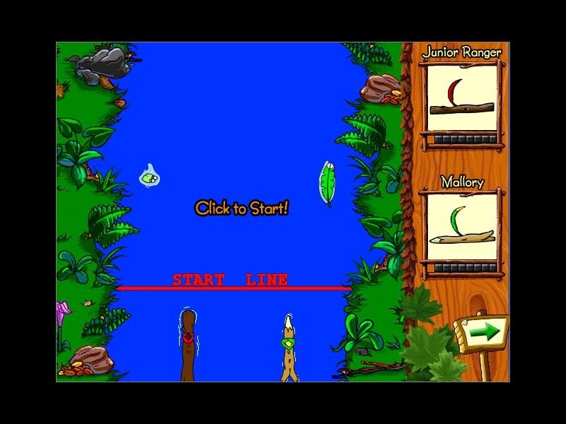 Fisher-Price Outdoor Adventures: Ranger Trail (Windows) screenshot: The race is an arcade game of avoiding obstacles and collecting power-ups for speed