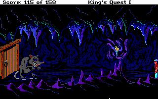 Roberta Williams' King's Quest I: Quest for the Crown (DOS) screenshot: A giant nasty looking rodent! (EGA)
