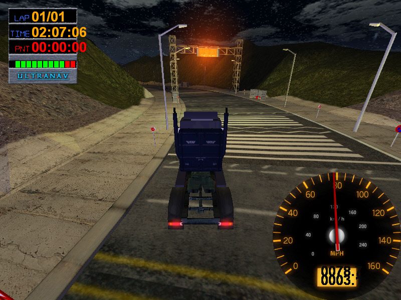 Big Rigs: Over the Road Racing (Windows) screenshot: The Megaone racing on the Small Town Road track.