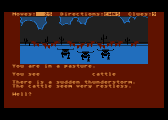 The Dallas Quest (Atari 8-bit) screenshot: Thunderstorm is coming