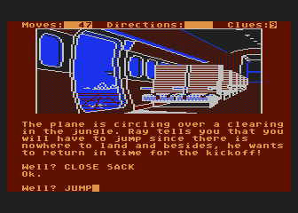 The Dallas Quest (Atari 8-bit) screenshot: You are ready to jump off the plane