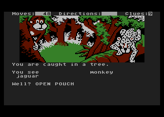 The Dallas Quest (Atari 8-bit) screenshot: You were caught in the trees...Monkey and Jaguar are ready to decide your destiny.