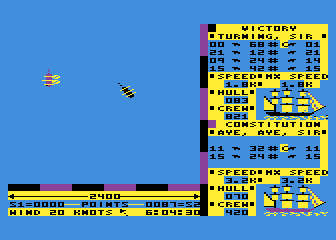 Broadsides (Atari 8-bit) screenshot: Enemy ship is shooting