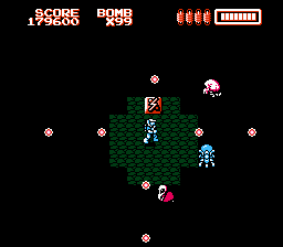 RoboWarrior (NES) screenshot: Underground, the flashlight reveals power-ups and the exit