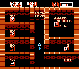 RoboWarrior (NES) screenshot: After discovering the shop power-up and ending the level; exchange your medals for useful items